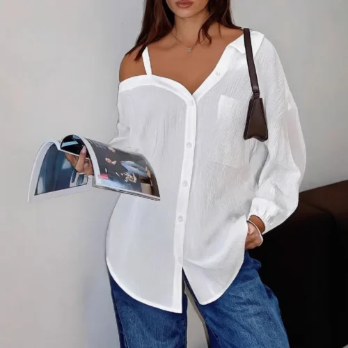 Shirt Women Blouses Top Office Lady Single Breasted Off Shoulder Pocket Asymmetrical Female Spring Summer 2025 Casual Overshirt