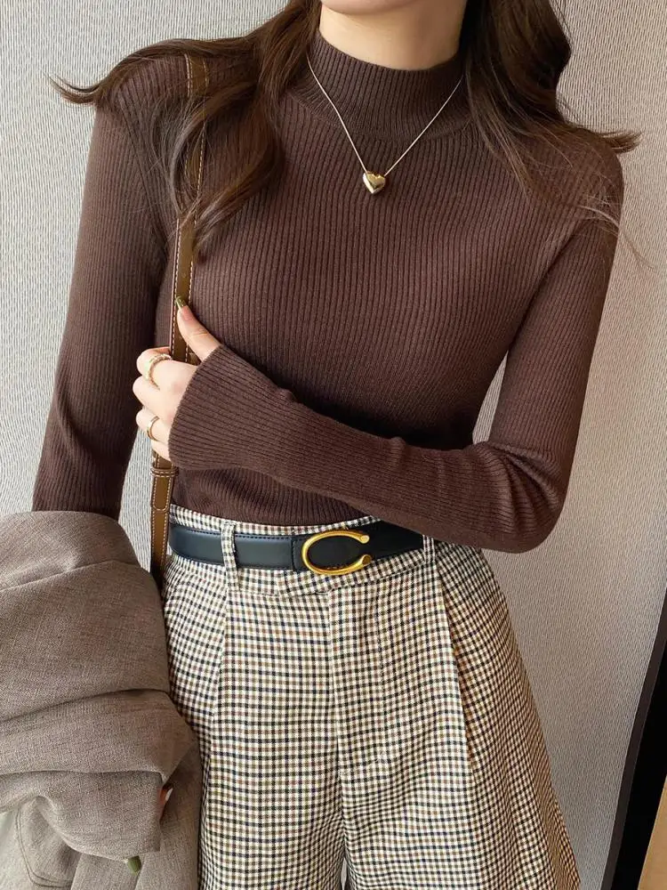 Autumn Winter Mock Neck Women Sweater Vintage Basic Solid Knitted Korean Tops Casual Slim Pullover Sweaters Simple Chic Jumpers - Image 3
