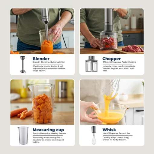 Stainless Steel Hand Blender with 1000W Power, Mixing Beaker, Processor, and Whisk - Image 2