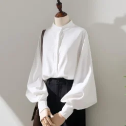 Lantern Sleeve Blouse with Stand Collar and Loose Fit for Women in Spring and Autumn
