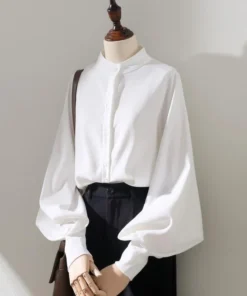 Woman Spring Autumn Style Blouses Shirt Lady Long Lantern Sleeve Stand Collar Loose Blusas Tops DF4847