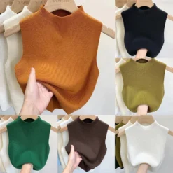Knitted Vest Tank Top with Half-Turtleneck for Women - Solid Color Cropped Camisole Sweater