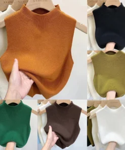 Women's Vest Tank Top Solid Color Knitted Tees Cropped Camisole Sweater Half-turtleneck Spring Autumn Sleeveless топ женский
