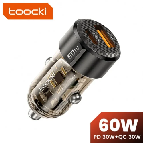 Toocki 60W Car Charger with 30W Quick Charge and Transparent Case for iPhone, Xiaomi, and Samsung