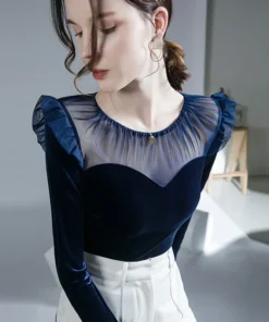 Alternative view of Women's Velvet Stretch T-shirt, Long-Sleeved Top, Perspective, Sexy Mesh, Harajuku Fashion, Dance Clothes, Y2k Top