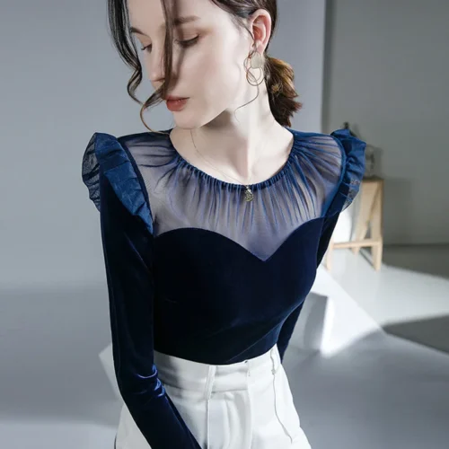 Alternative view of Women's Velvet Stretch T-shirt, Long-Sleeved Top, Perspective, Sexy Mesh, Harajuku Fashion, Dance Clothes, Y2k Top