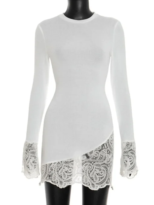 Lace Mini Dress with Round Neck and Slim Long Sleeves for Women - Image 3