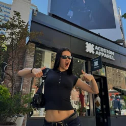 Alternative view of Slim Fit Polo Collar T-Shirt with Short Sleeves for Women in Black