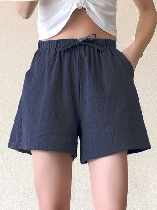 Linen Gym Shorts for Women with High Waist Design in Black - Image 5