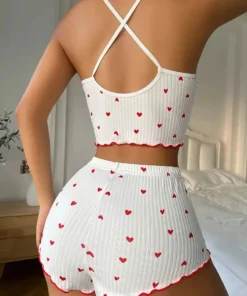 Alternative view of Sleepwear Women Pajamas Set Heart Print Soft Ribbed Fabric with Flirty Frill Trim Casual Cami Top and Shorts Sets Loungewear