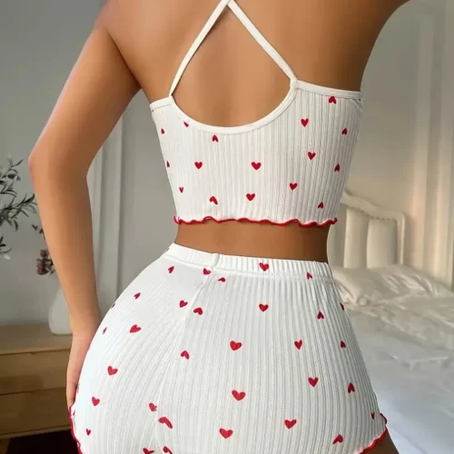 Alternative view of Sleepwear Women Pajamas Set Heart Print Soft Ribbed Fabric with Flirty Frill Trim Casual Cami Top and Shorts Sets Loungewear