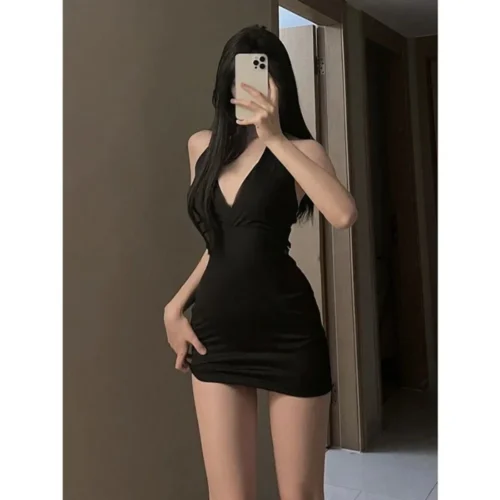 Alternative view of Women Sexy Halter Backless Slim V-neck Wrap Black Party Night Mini Dress
