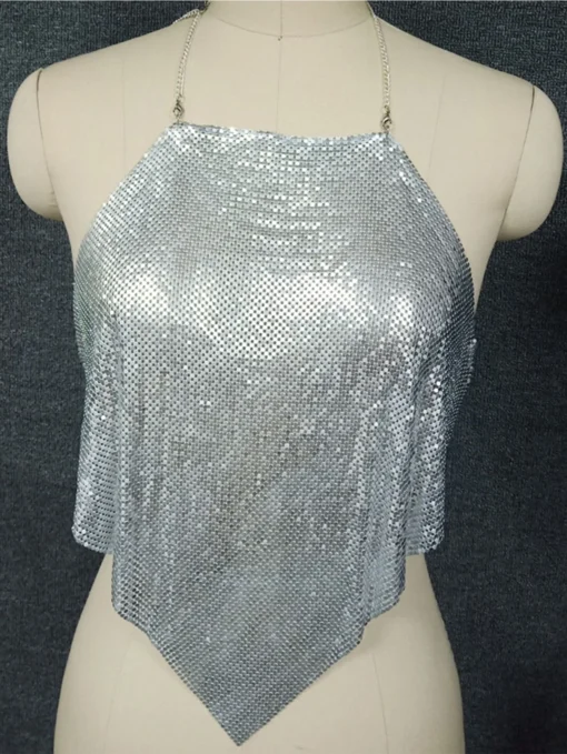 Metal Sequin Corset Crop Top with Halter Design for Women Summer Club Party Outfits - Image 3