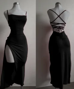 Sexy Backless Lace Up Long Dress Women Split Sleeveless Bodycon Party Club Evening Dresses High Street Female Suspender Robes
