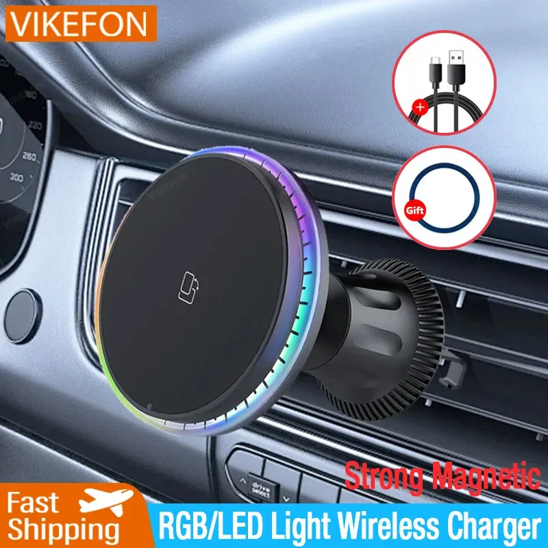 30W Magnetic Wireless Car Charger with LED Light for iPhone - Fast Charging Stand Mount