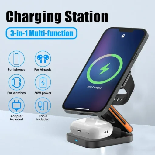 3-in-1 Foldable Magnetic Wireless Charging Station with Fast Charging for iPhone, Apple Watch, and AirPods - Image 3