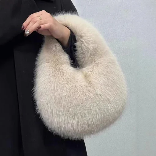 Half Moon Bags for Women with Fluffy Faux Fur and Luxury Small Tote Design - Image 3