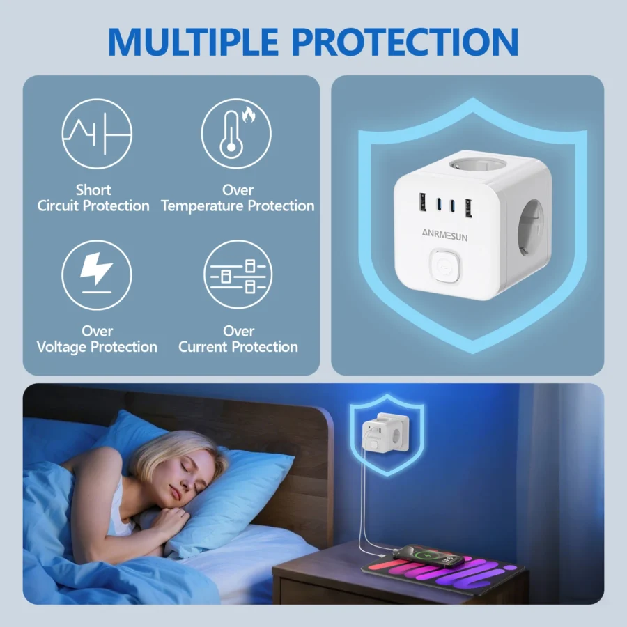 Wall Socket Extender with Switch 3 Outlets 2 USB A and 2 Type C Port Portable Cube Socket Power Strip Adapter Charger For Travel - Image 4
