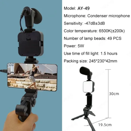 Alternative view of Smartphone Vlogging Kit With Tripod Phone Holder Mini Microphone LED Fill Light Starter For TikTok Live Stream Video YouTube