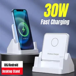 30W Wireless Charger Stand with Quick Charging and Removable Vertical Holder for iPhone and Samsung