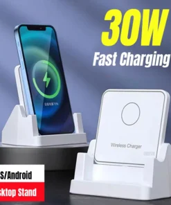 30W Wireless Charger Desktop Stand for iPhone & Samsung - Quick Charging, Removable Vertical Holder