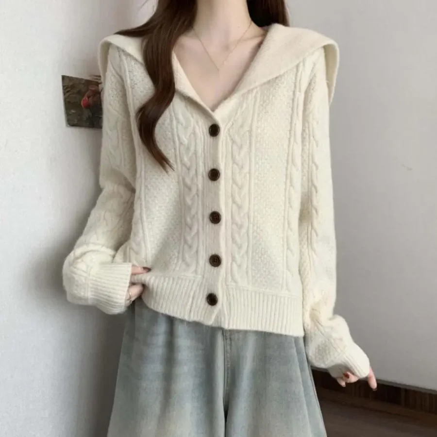 Flip Collar Grid Crochet Sweater Autumn Spring Long Sleeve Cardigans Women Y2K Preppy Style Ladies Tops - Image 3