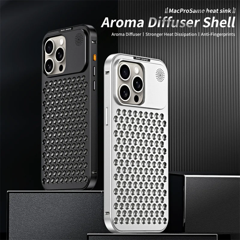 Metal aluminium Hollow Cooling Phone Case for iPhone 17 14 13 12 16 Pro Max 17promax Aromatherapy Diffuser Detachable Rear Cover - Image 2