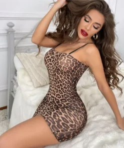 Leopard Print Deep V Neck Dress with Strap Detail - Short Skirt - Lightweight and Stylish