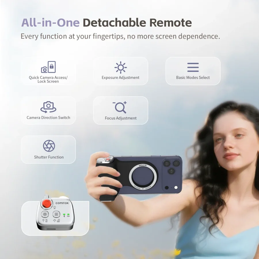 COMITOK Magnetic Phone Grip with Remote Control Portable Shooting Handle for iPhone Vlog Videos, Easy One-Hand Operation - Image 3