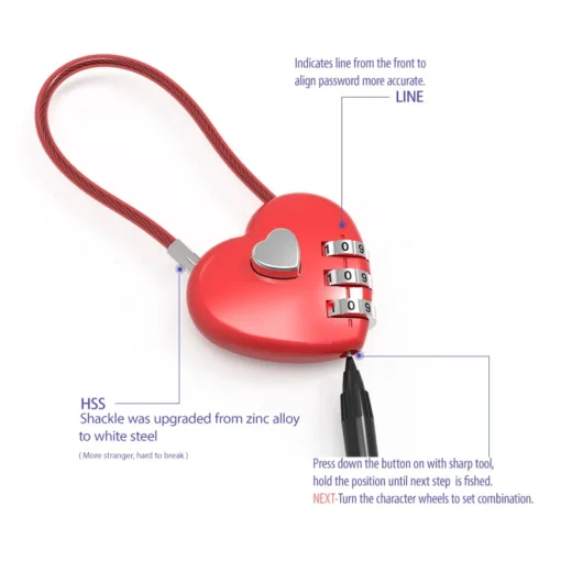 Zinc Alloy Love Lock Heart Combination Lock for Bags and Trolley Boxes - Image 3