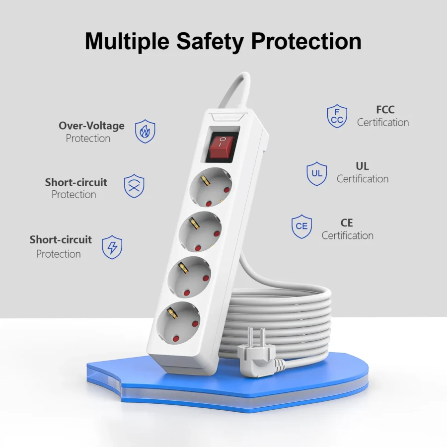 4 Outlet EU Surge Protector Power Strip 1.5m Extension Cord AC Plug Socket Adapter 4 Socket Adapter with Overload Protection - Image 3