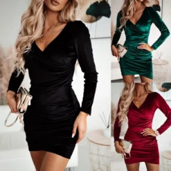 Bodycon Velvet Mini Dress with V-Neck and Long Sleeves for Women - Autumn Winter Party Wear