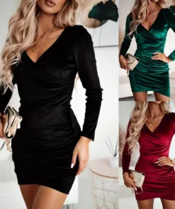 Lady Bodycon Solid Color Velvet Dress Women V-Neck Long Sleeved Mini Dress Autumn Winter New Year Party Luxury Dress