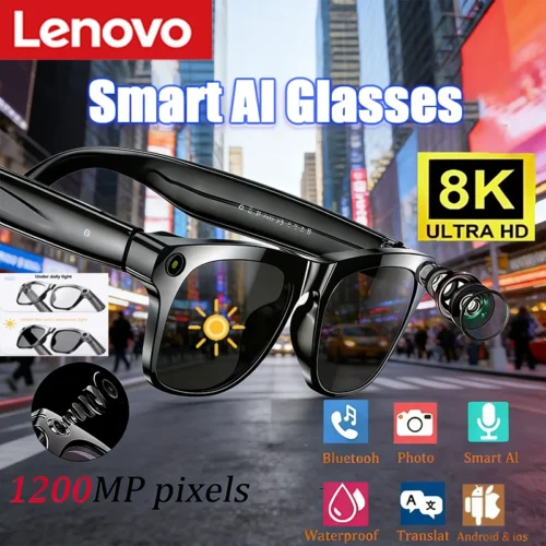 Lenovo Smart 8K AI Glasses With 1200mp Camera Chat Gpt Touch Sport Sunglasses Bluetooth Calling Music Player For Men Women Gift