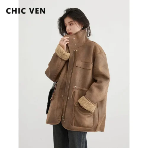 CHIC VEN Women's Reversible Suede Jacket - Thick and Warm Motorcycle Coat for Winter and Autumn