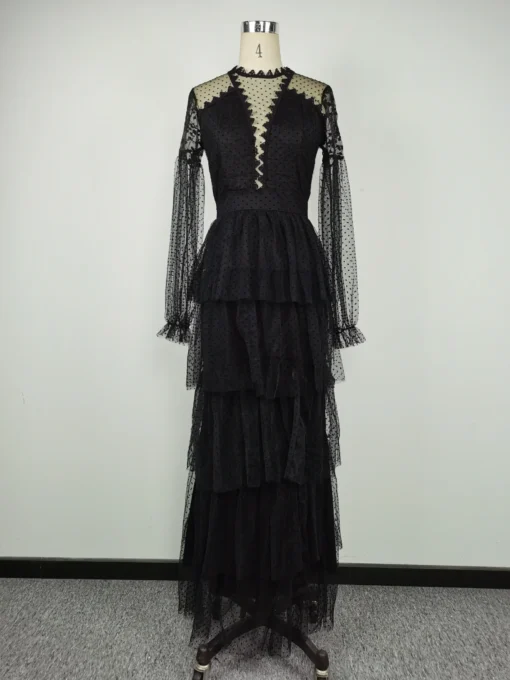 A-Line Lace Dot Puff Sleeve Evening Dress for Women - Image 5