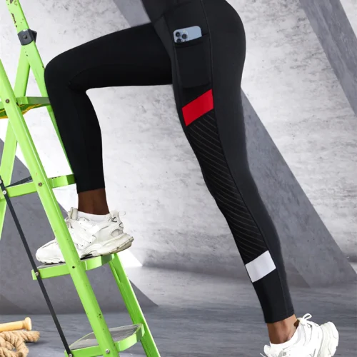 Alternative view of Colorblocked Mesh High Waist Yoga Pants with Side Pockets Leggings for Women Tummy Control Workout Shaping Leggings