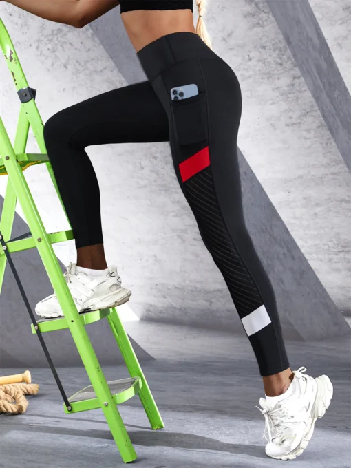 Colorblocked Mesh High Waist Yoga Pants with Side Pockets for Women Tummy Control Shaping Leggings - Image 2