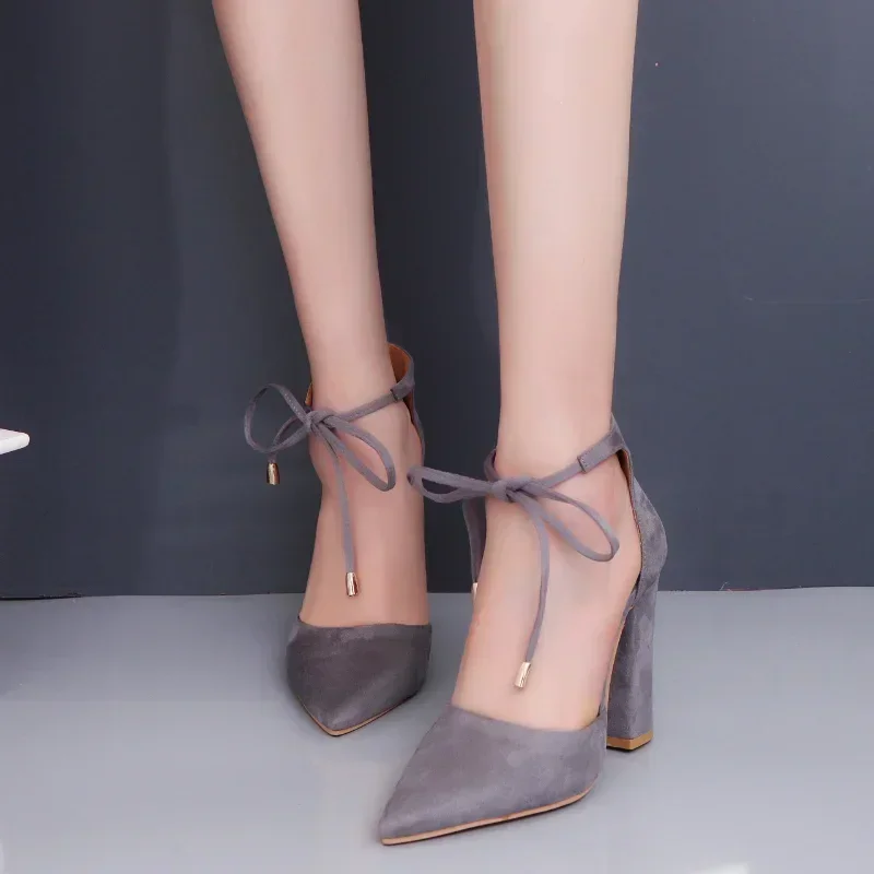 Ladies Lace Up High Heels with Pointed Toe and Square Design, Size 43, Blue Wedding Pumps - Image 4