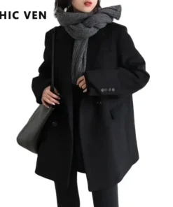 CHIC VEN Women Wool Blend Coat Solid Mid Long Woolen Blazer Thick Warm Blouse Women's Overcoat Office Lady Tops Autumn Winter