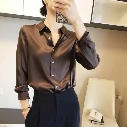 Satin Finish Long Sleeve Button Shirts for Women - Elegant Casual Tops - Image 4