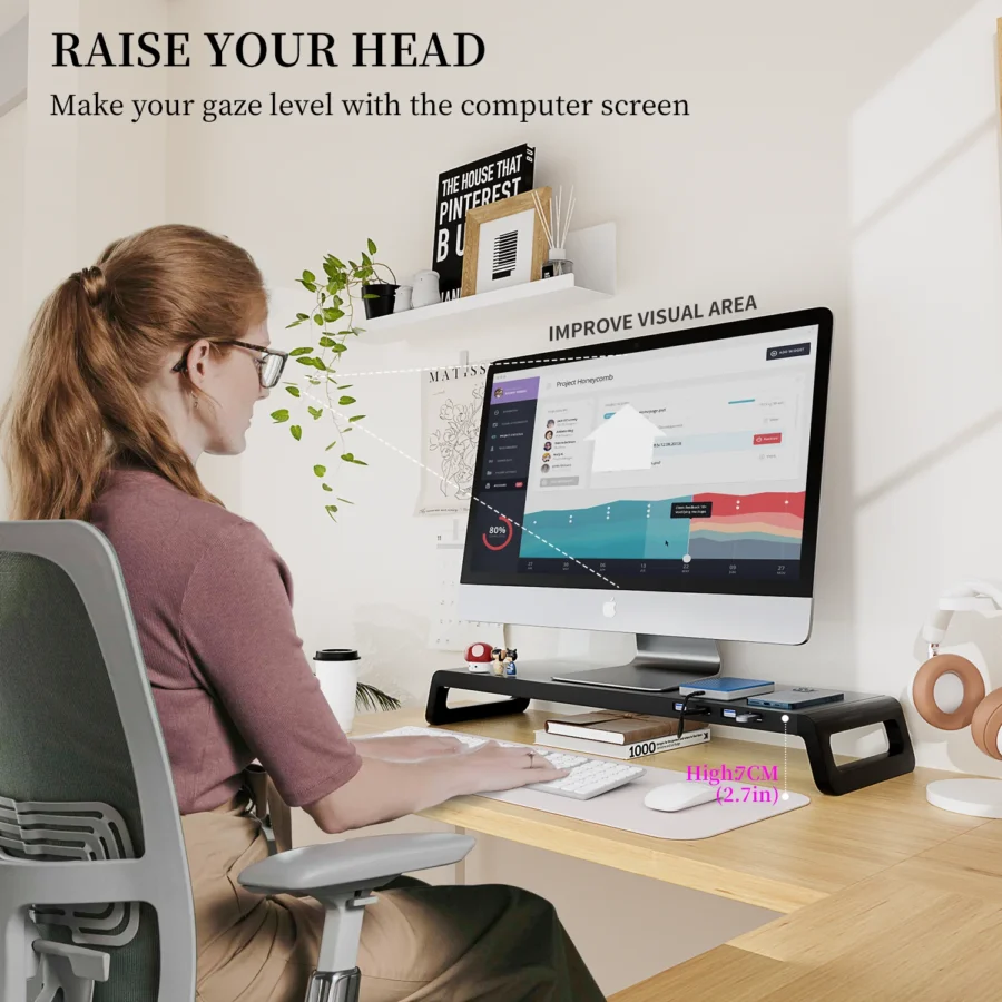 Computer Monitor Stand Riser With 4 USB3.0 Ports ABS Legs Support Data Transfer Desktop Screen Holder With Keyboard Storage - Image 3