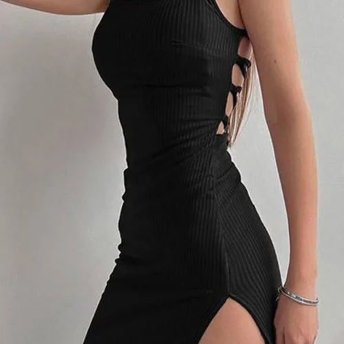 Black Bodycon Dress for Women – Sleeveless Halter Neck with High Split