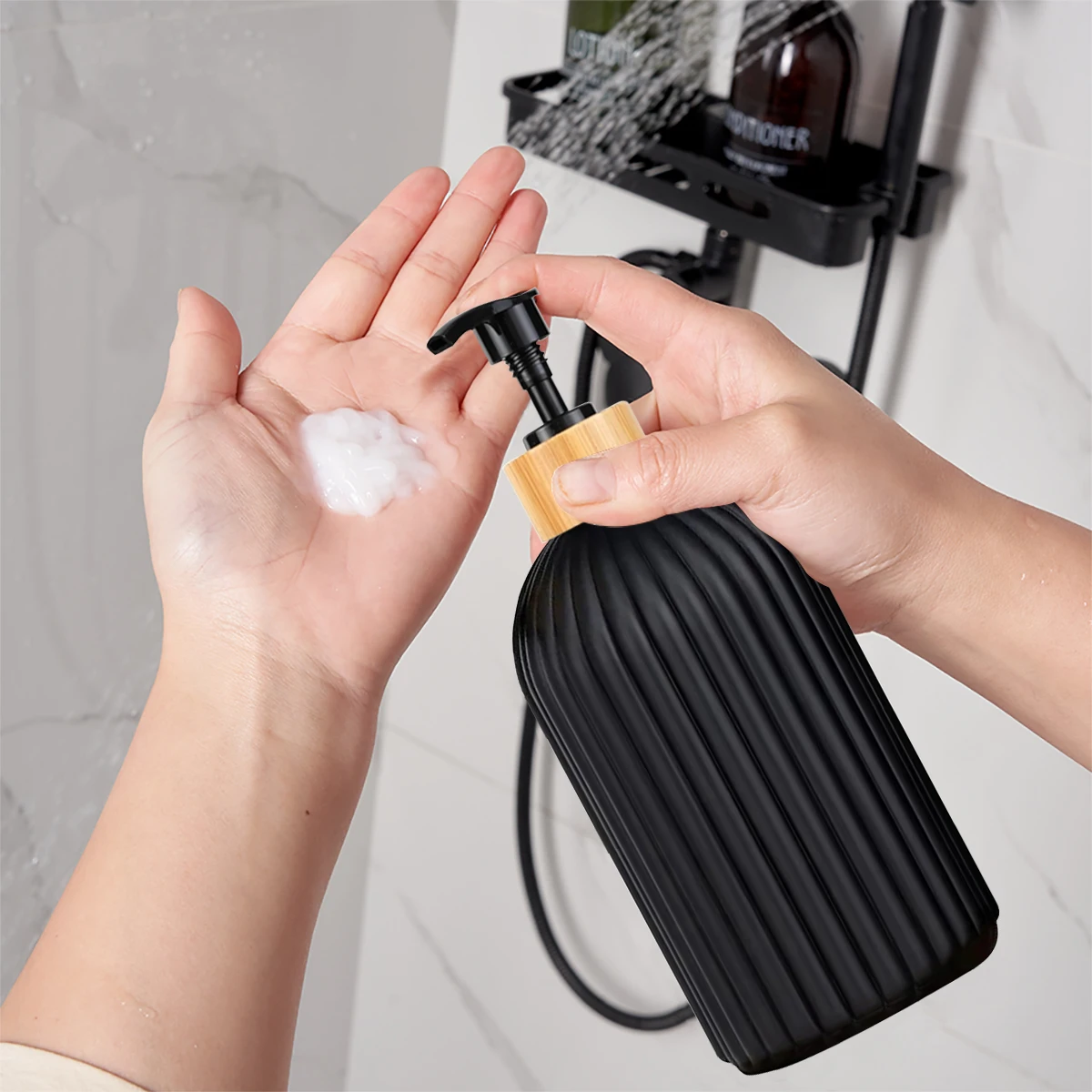 Bathroom Countertop Organizer Set with Soap Dispenser and Storage for Cotton Balls and Toothbrushes - Image 5