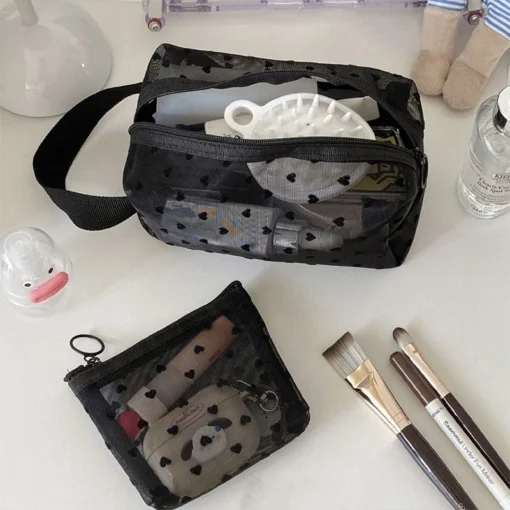 Transparent Mesh Makeup Bag with Heart Design for Portable Cosmetic Storage for Women - Image 3