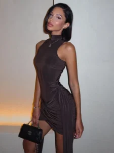 Sleeveless Turtleneck Ruched Mini Dress - Elegant Club Wear for Women - Brown, S
