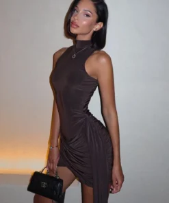 Mozision Women's Sleeveless Turtleneck Ruched Mini Dress - Elegant Club Wear