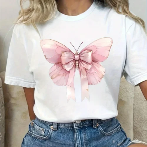Alternative view of Womens Pink Butterfly Bow Graphic T-Shirt Harajuku Short Sleeve Casual Womens Clothing Street Tops Tees Aesthetic Clothes