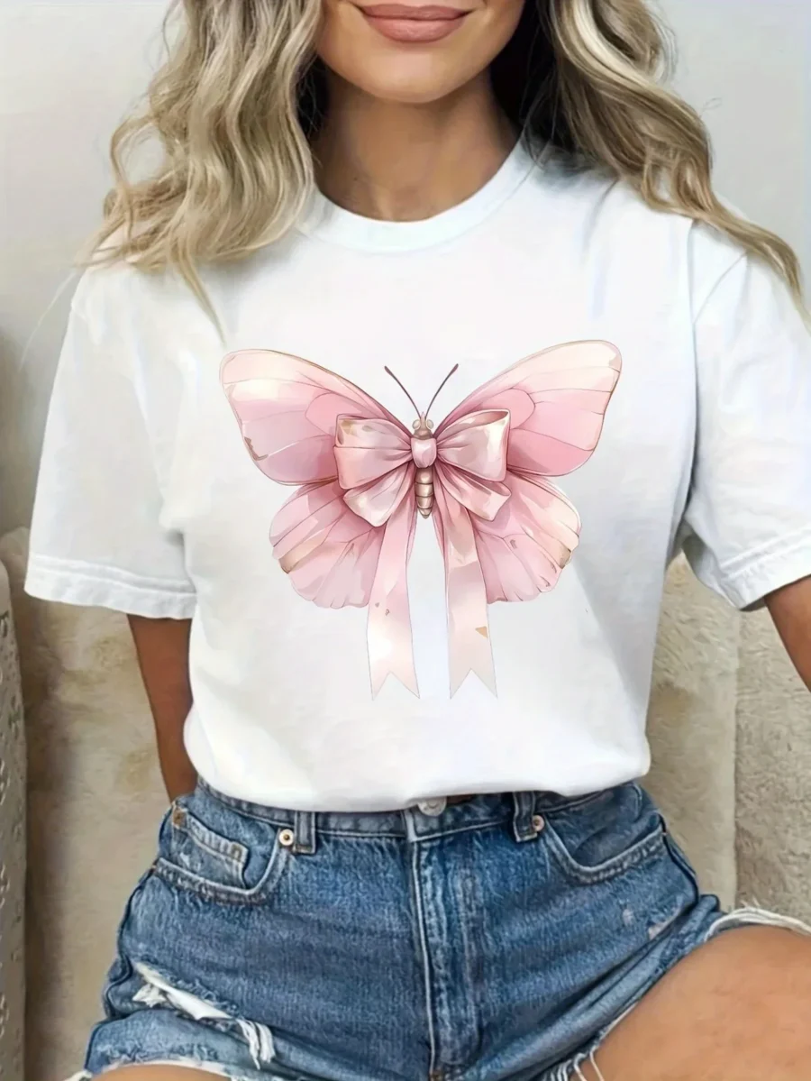 Womens Pink Butterfly Bow Graphic T-Shirt Harajuku Short Sleeve Casual Womens Clothing Street Tops Tees Aesthetic Clothes - Image 2