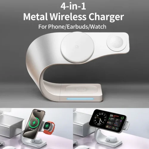 4-in-1 Wireless Charger Stand - 15W Fast Charging for iPhone, AirPods, and Apple Watch